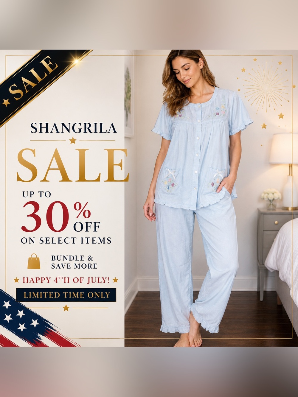 New Shangrila Cotton Pajama Set – Light Blue Embroidered | Size XL 💙